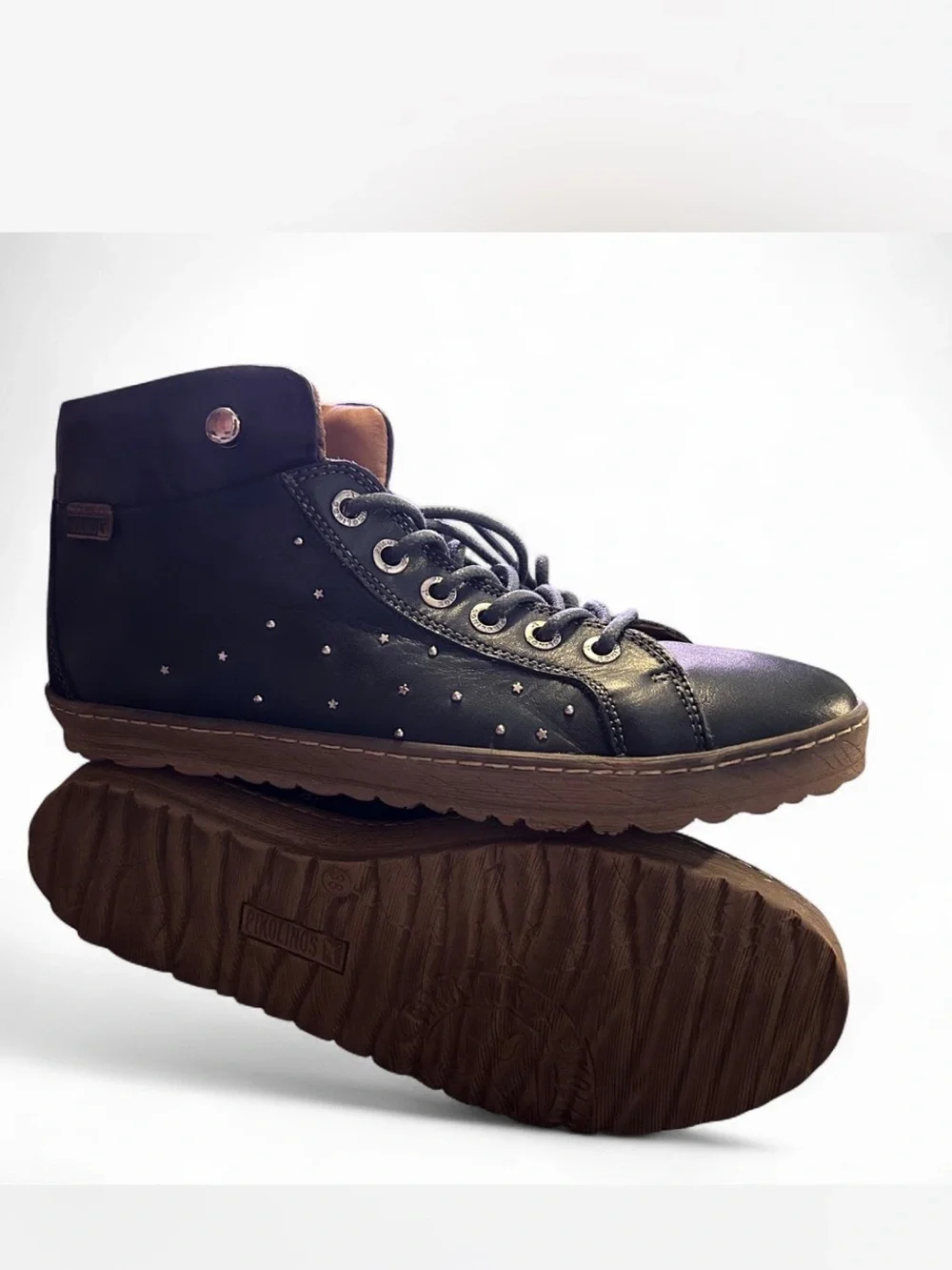 PIKOLINOS Black Leather Ankle Boots with Brown Logo Patch